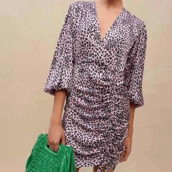 Maje Draped Drawstring Purple Leopard Print Satin Dress Sz 42 XL NEW NWT